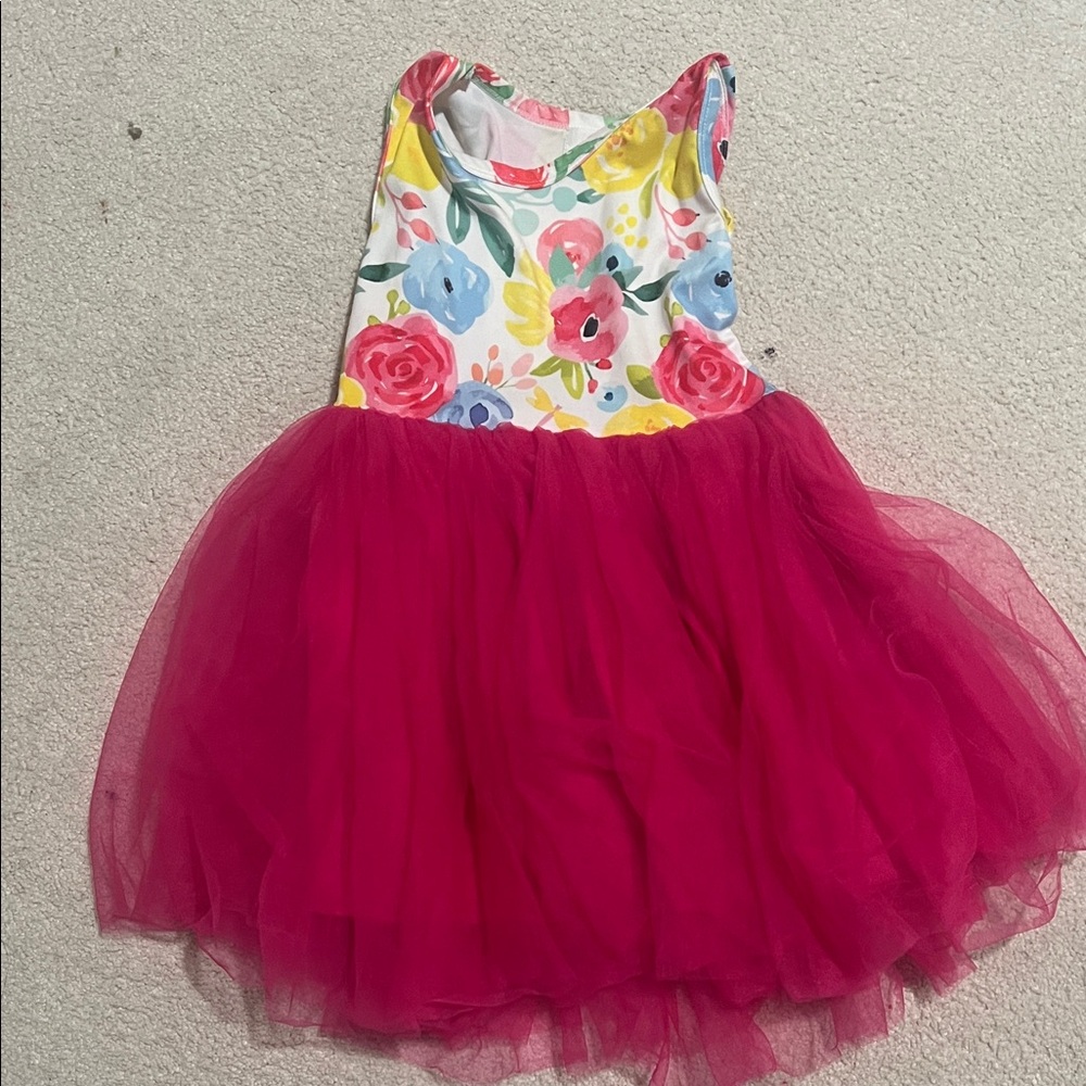 Floral Tank Top Tulle Skirt Dress - Fuchsia Pink